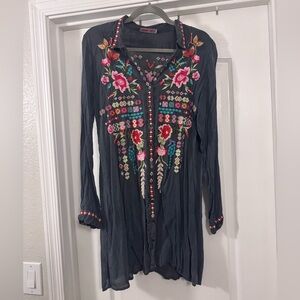Johnny Was Charcoal Button Down Dress with Vibrant Embroidery